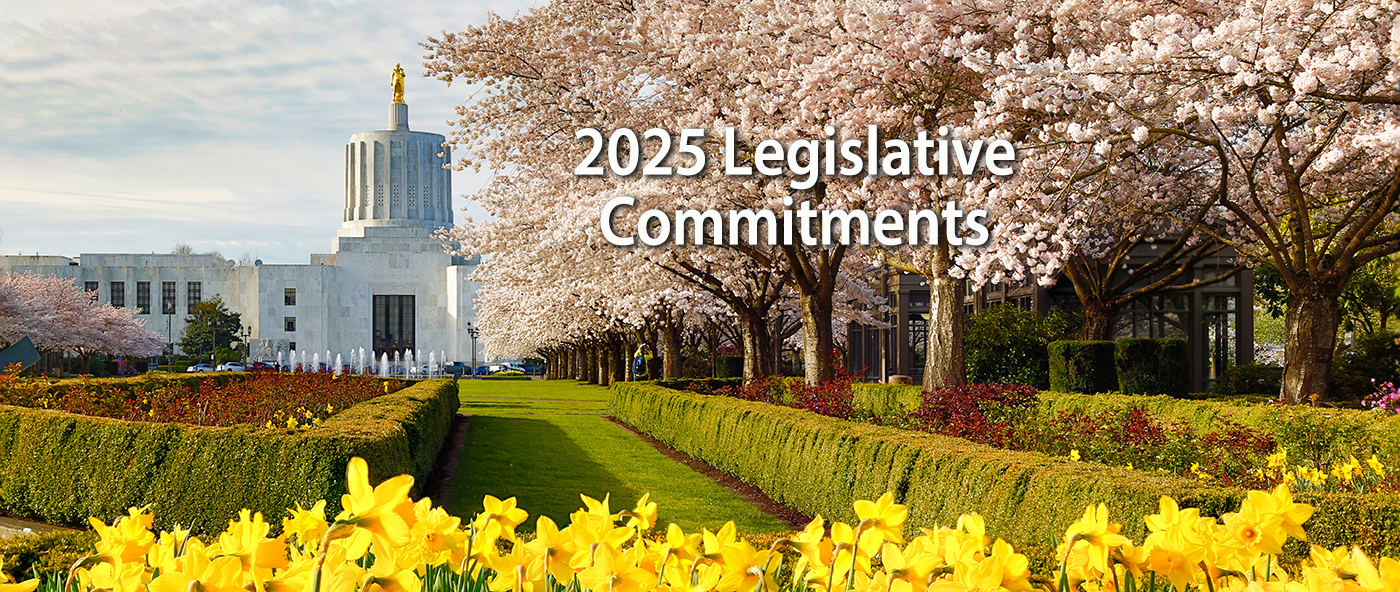 The Oregon state capitol building with daffodils and cherry blos