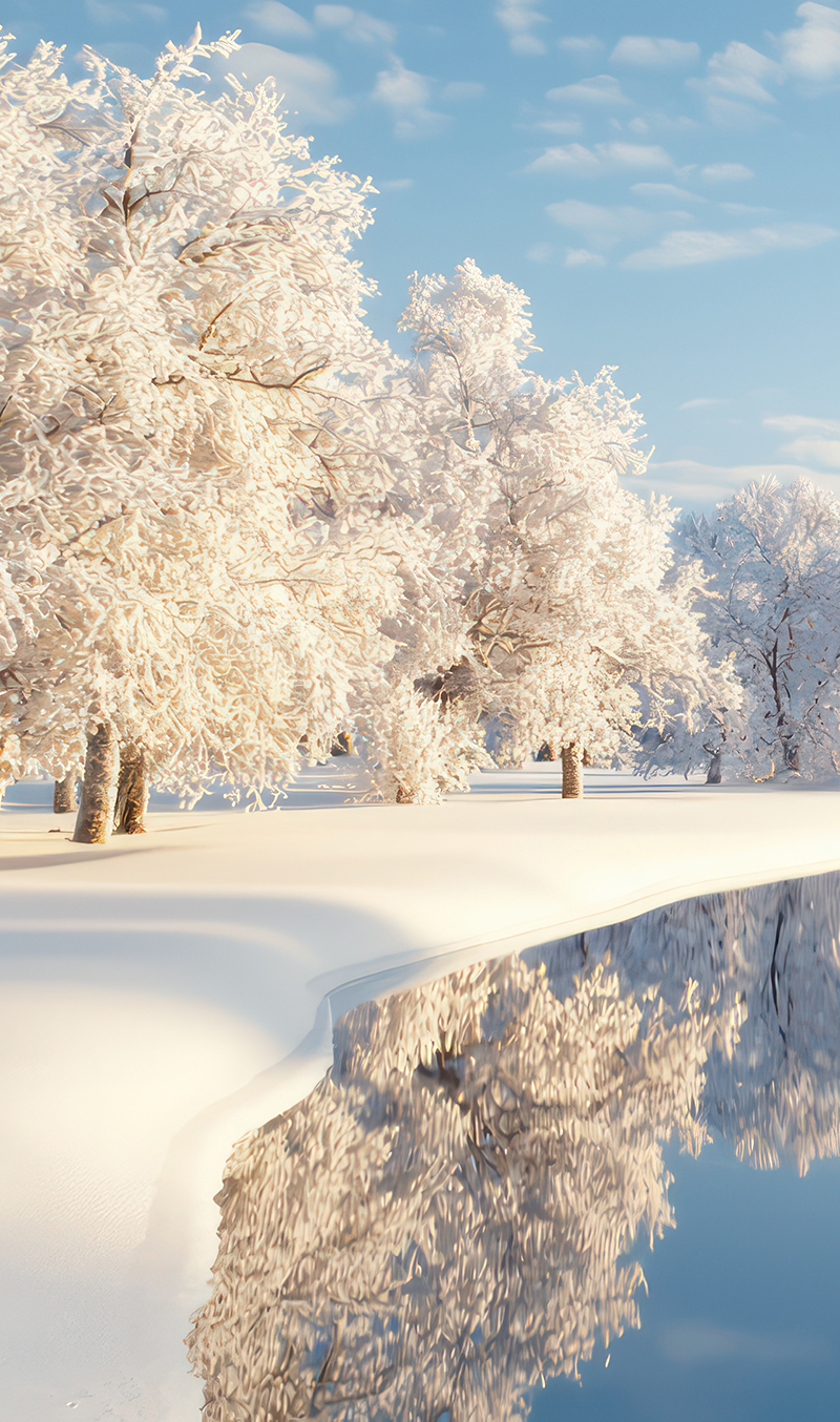 A snowy landscape with a river and trees. The water is calm and